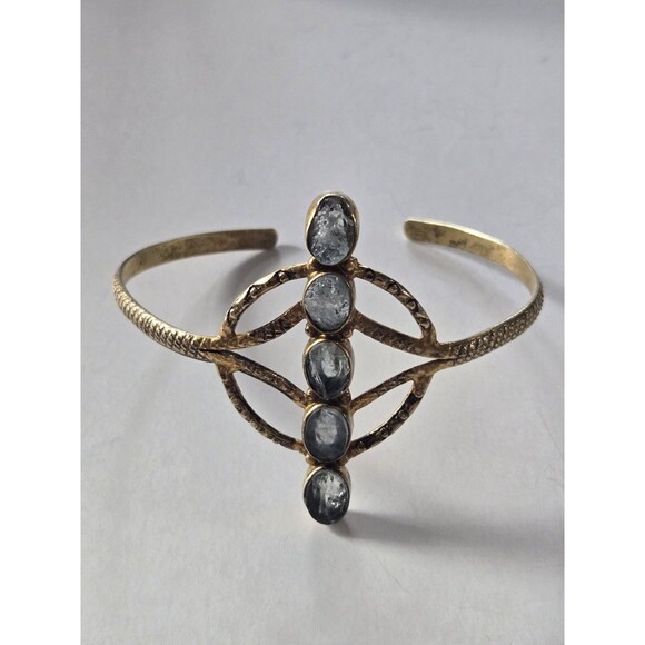 Vintage Gold-Tone 5 Stone Cuff Bracelet Textured Raw Uncut Gemstones Bezel Set - Picture 2 of 11